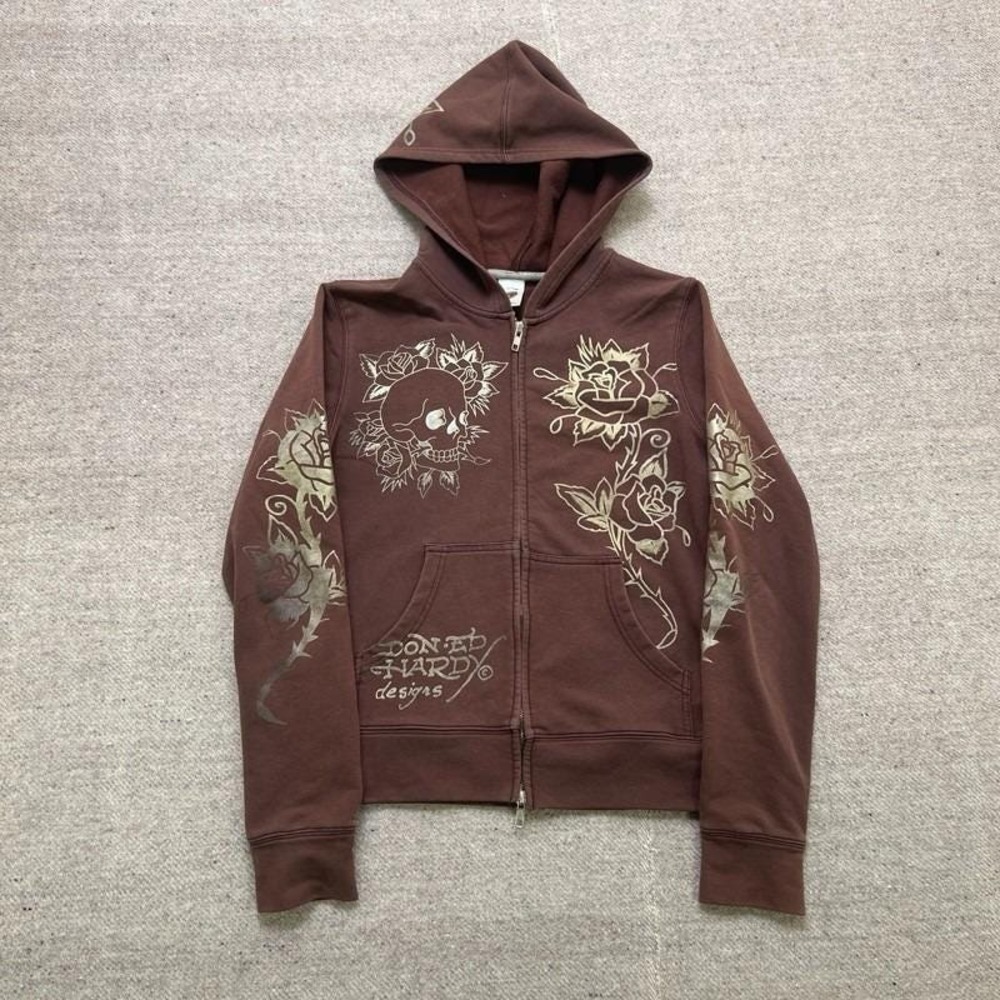 Vintage Ed hardy Zip Up hoodie Women's Medium Brown 2000s Rhinestone